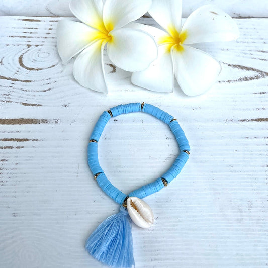 Heishi Bead w/ Tassel & Cowrie Shell Bracelet - Blue