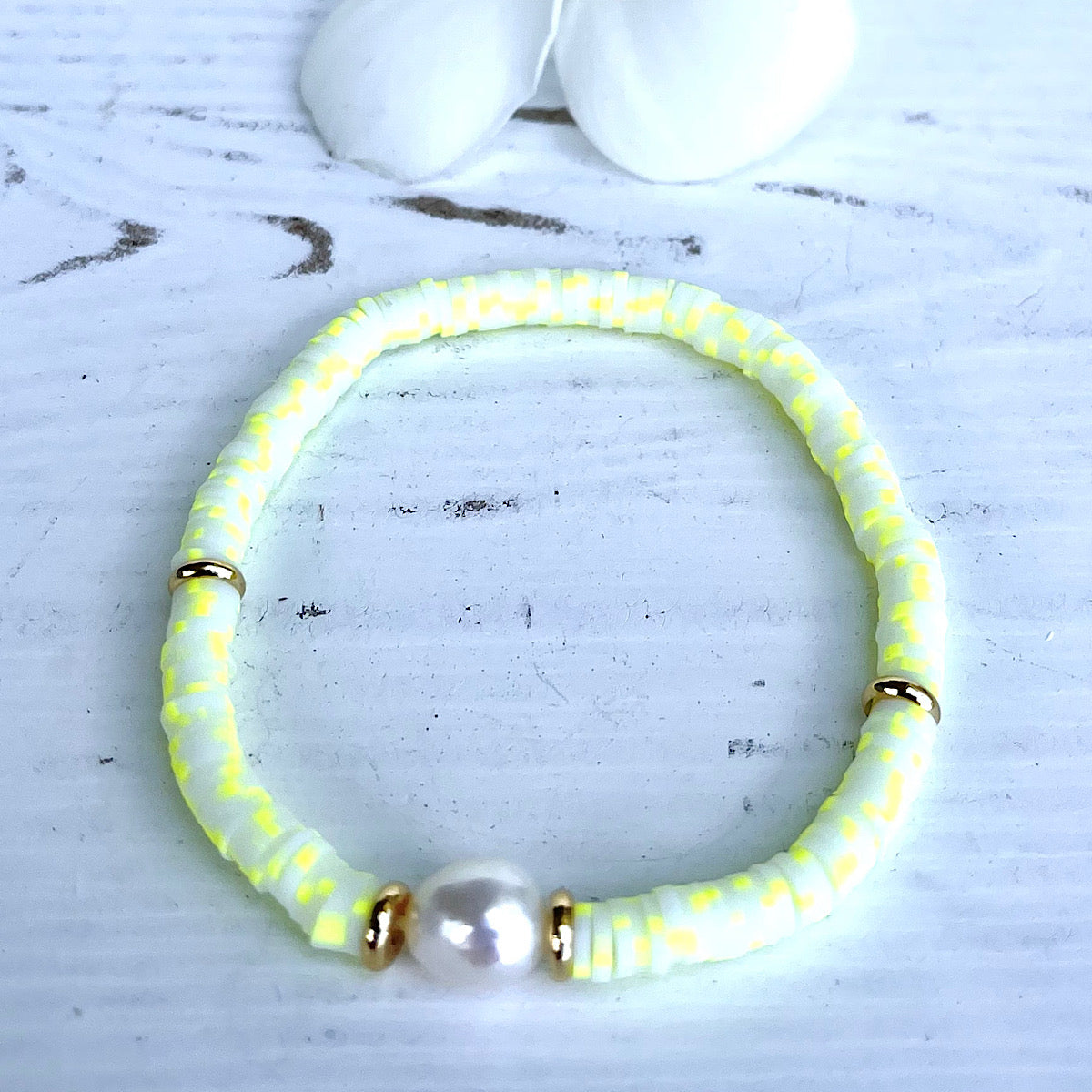 Yellow Swirl Heishi Bead & Pearl Bracelet