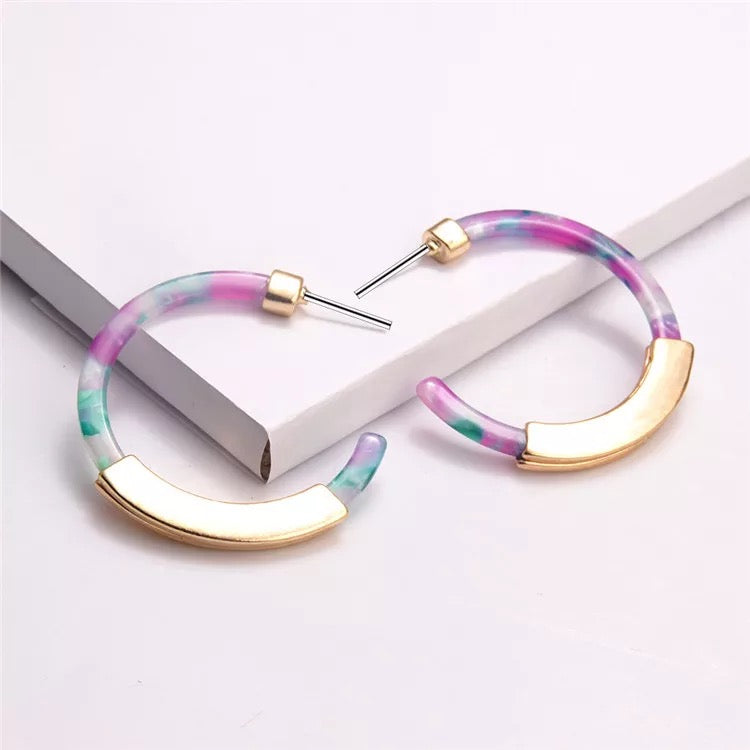 C Hoop Acrylic & Resin Earrings - Purple & Green