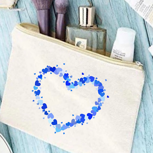 Blue Multi-Heart Cotton Canvas Makeup Bag