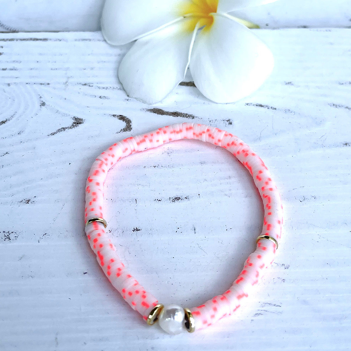 Orange Swirl Heishi Bead & Pearl Bracelet