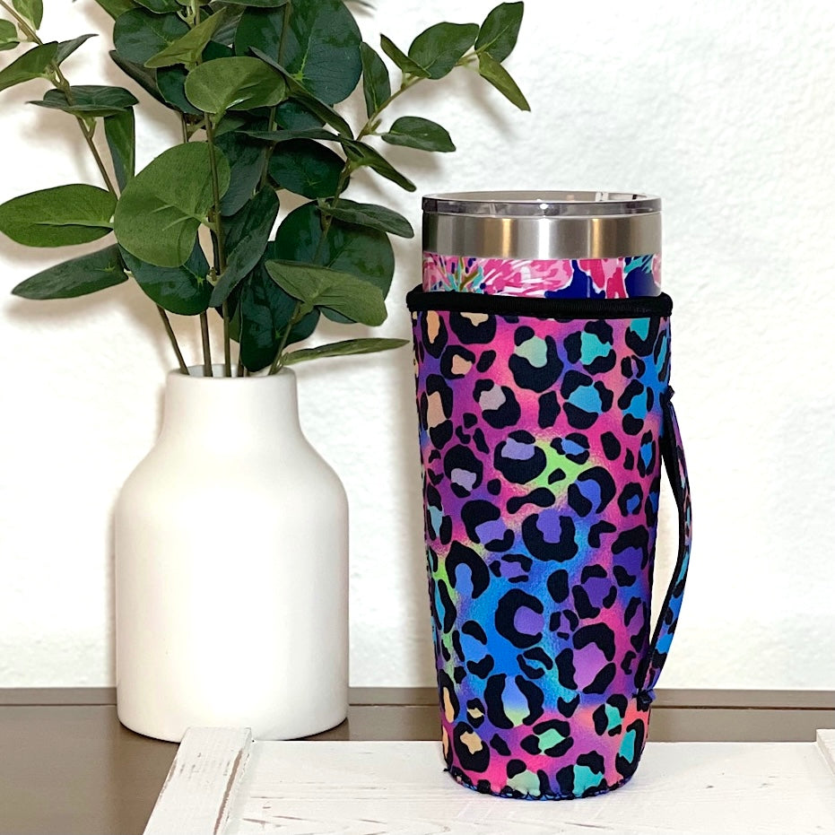 Tumbler Sleeve With Handle - Rainbow Leopard