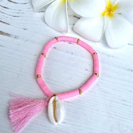 Heishi Bead w/ Tassel & Cowrie Shell Bracelet - Pink