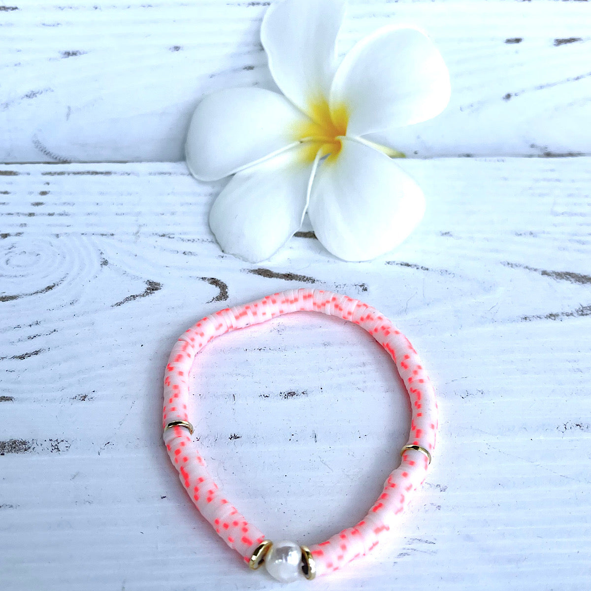 Orange Swirl Heishi Bead & Pearl Bracelet