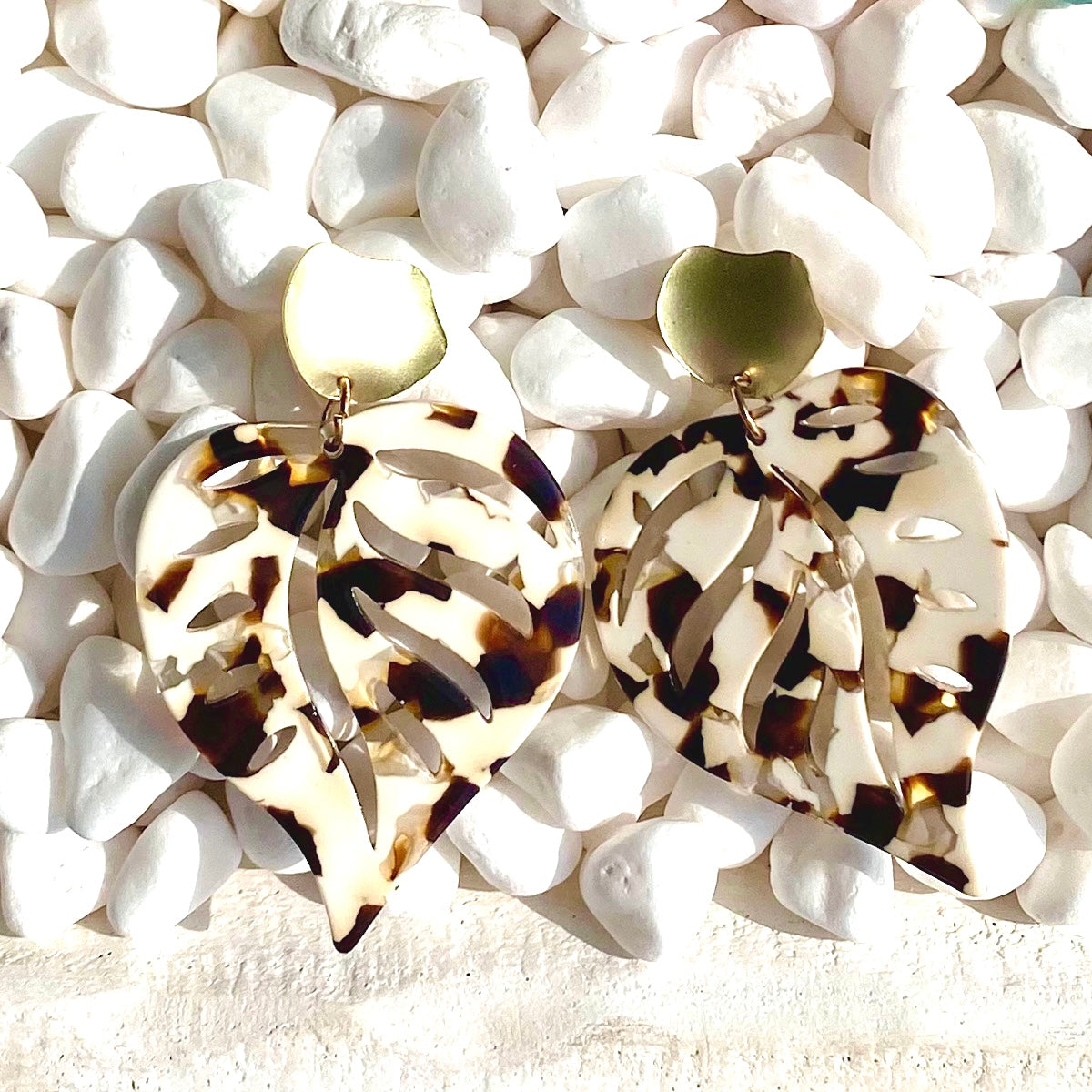 Acrylic Tropical Leaf Earrings - Chocolate & Cream