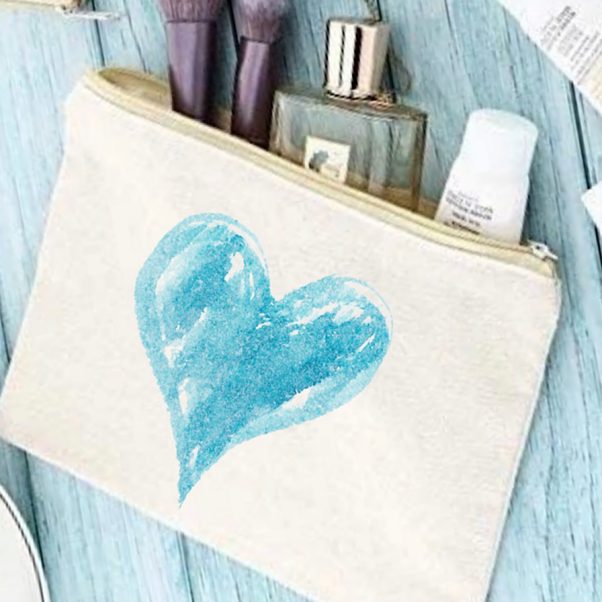 Aqua Heart Cotton Canvas Makeup Bag