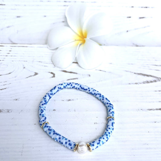 Blue Swirl Heishi Bead & Pearl Bracelet