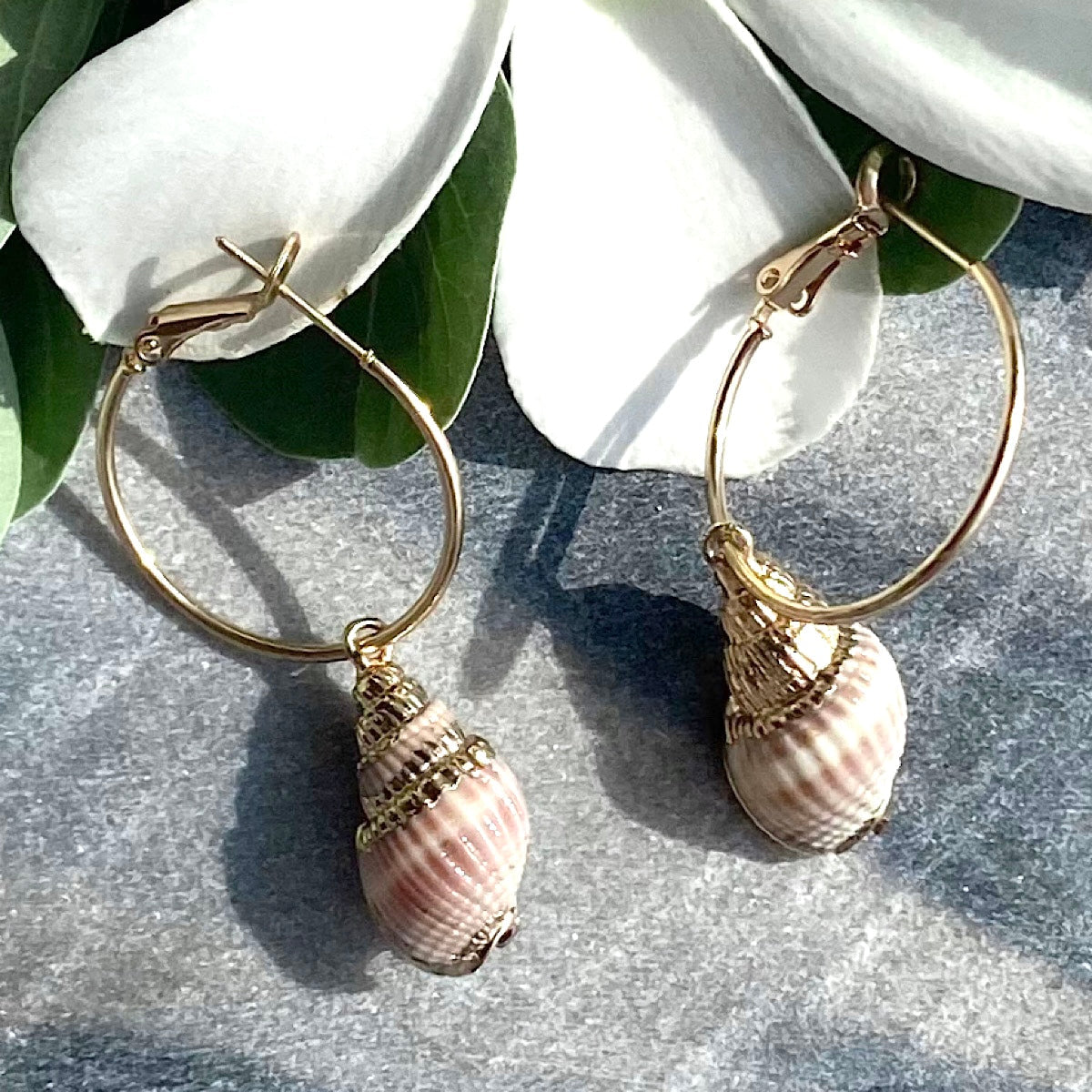 Mocha Shell & Alloy Hoop Drop Earrings