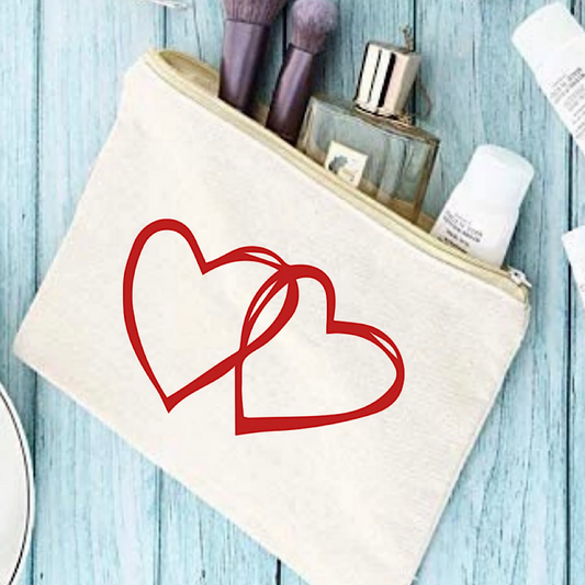 Red Double Heart Cotton Canvas Makeup Bag