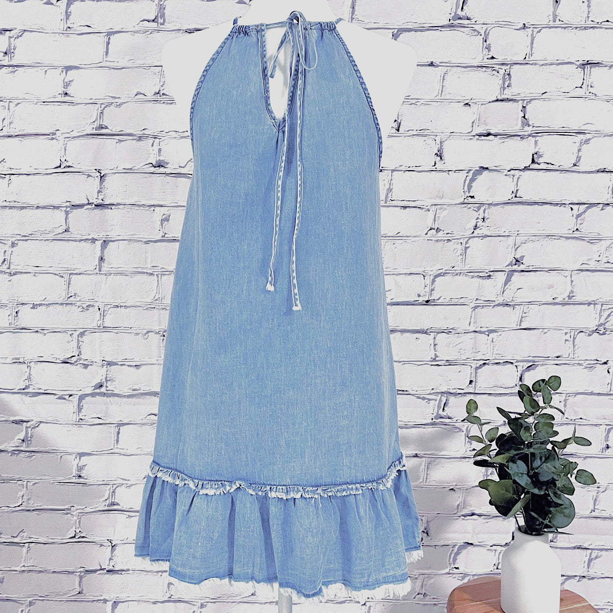 Chambray Halter Dress with Ruffle Hem