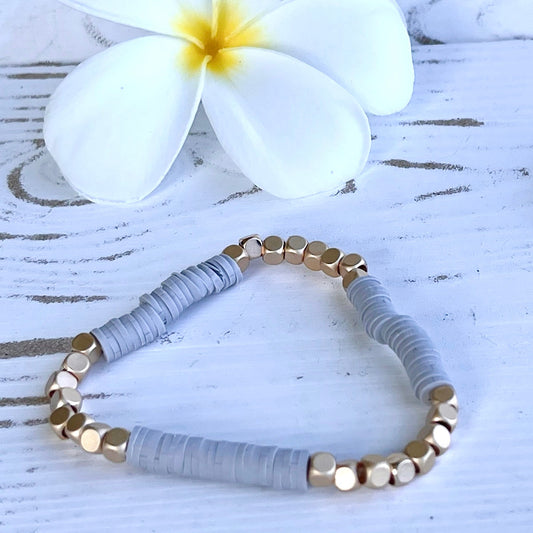 Heishi Beads and Gold Square Beads Bracelet - Gray