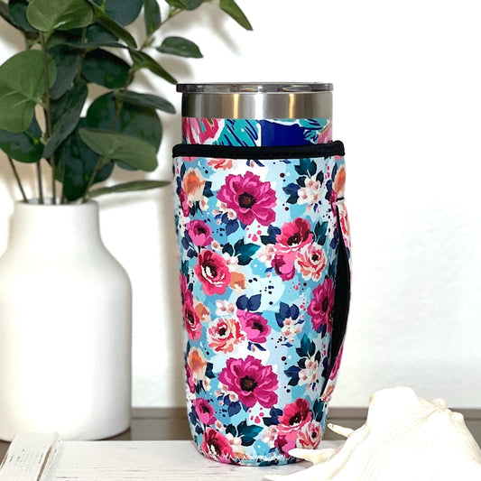 Tumbler Sleeve With Handle - Blue Floral