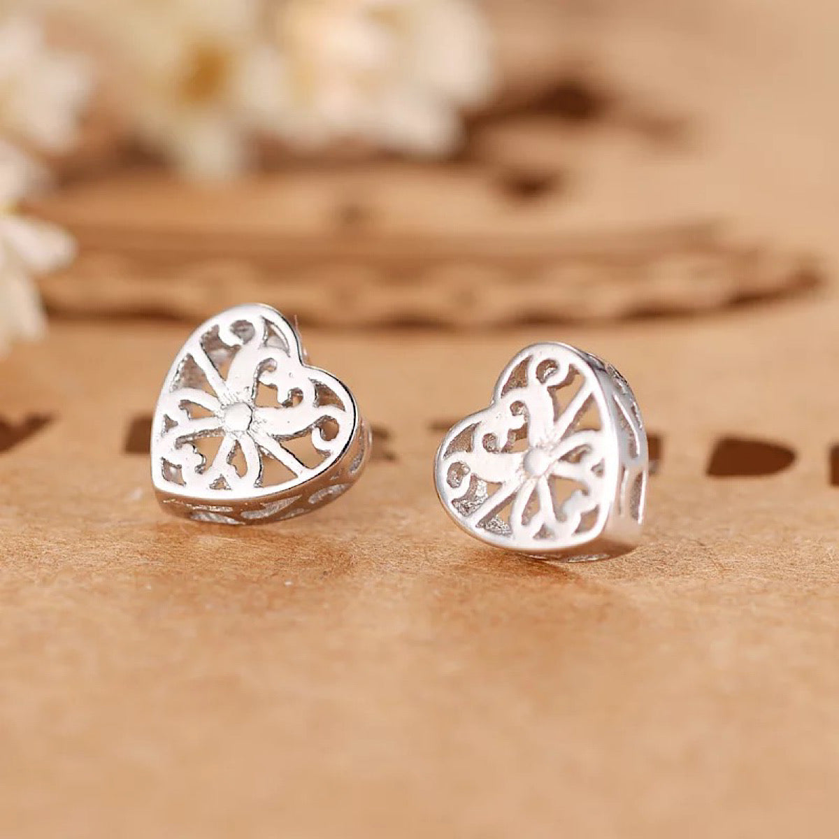 Sterling Silver Intricate Design Heart Earrings