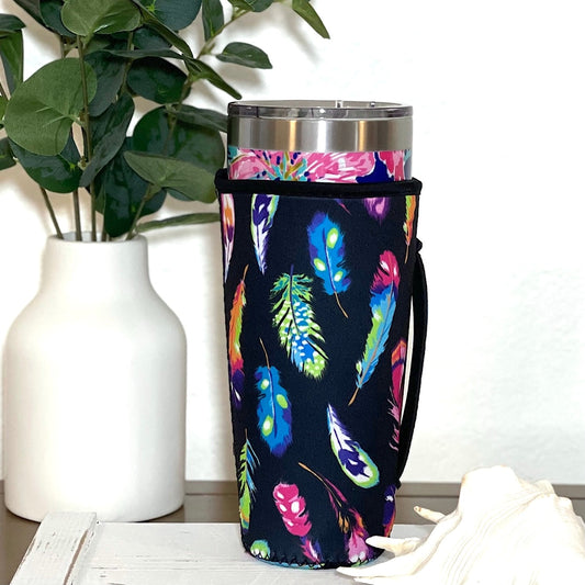 Tumbler Sleeve With Handle - Colorful Feathers