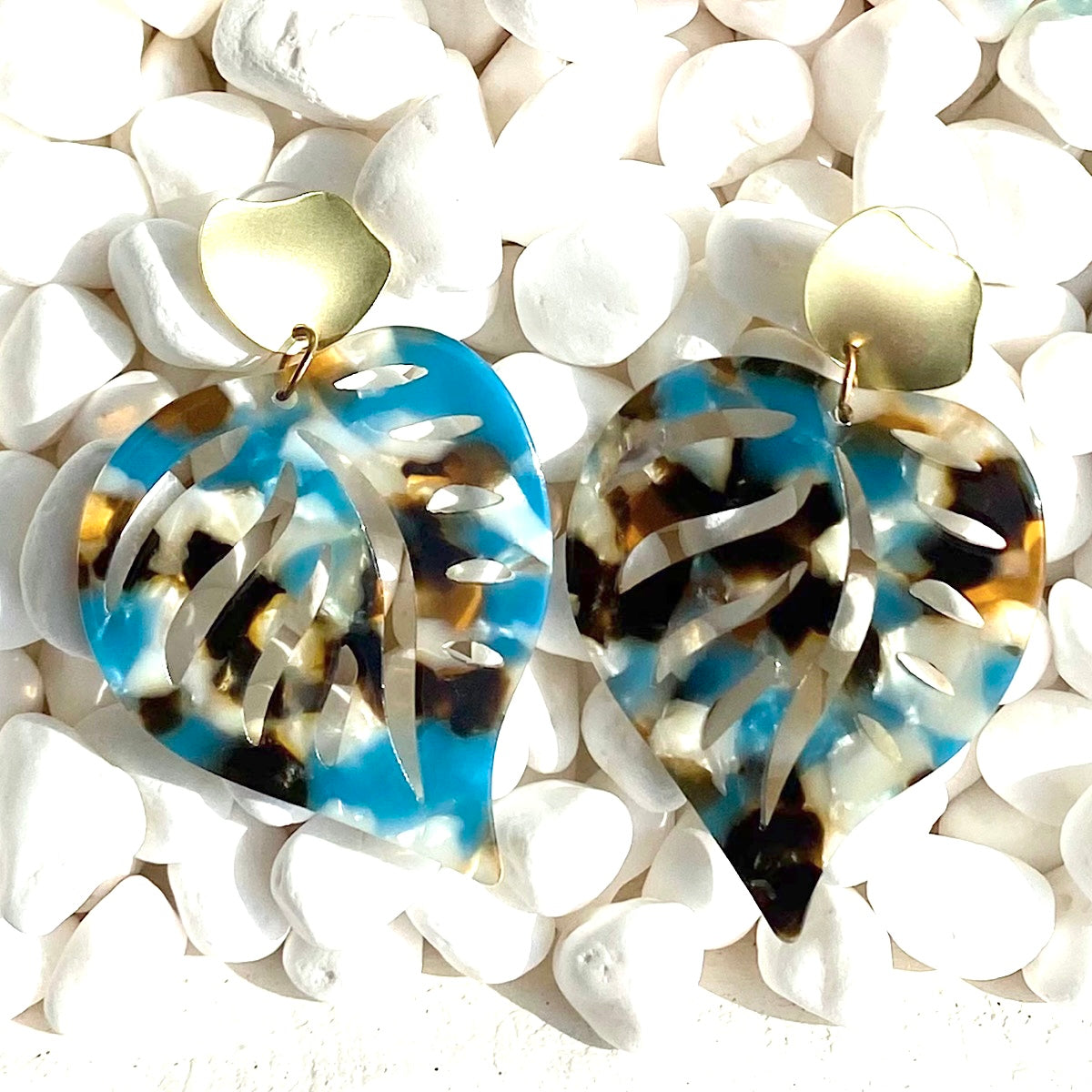 Acrylic Tropical Leaf Earrings - Turquoise