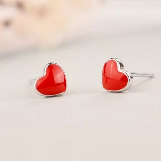 Sterling Silver Simple Red Heart Earrings