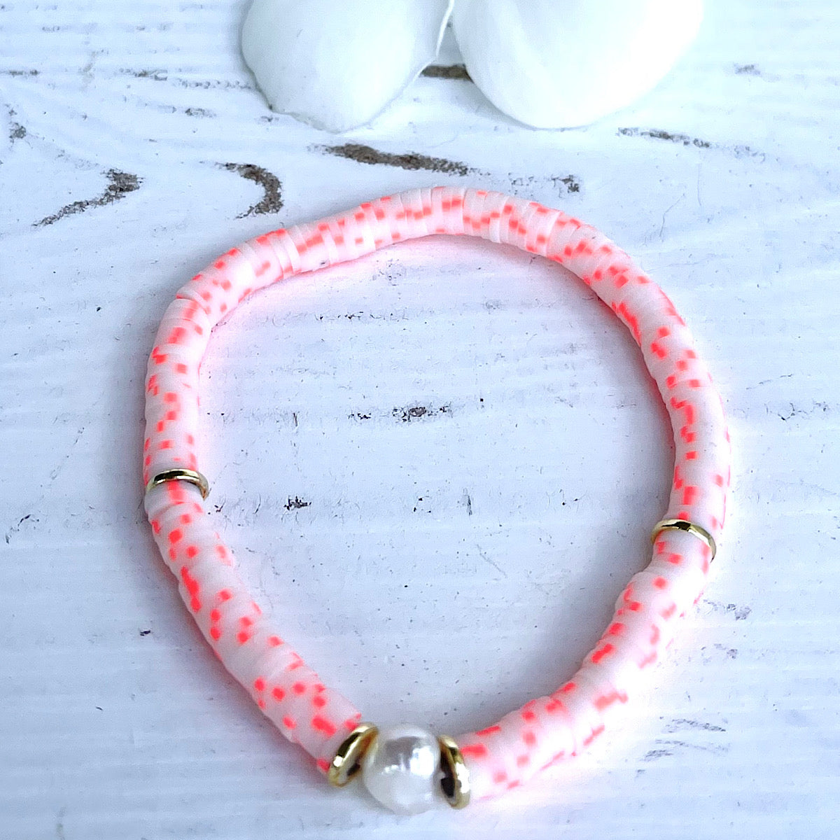 Orange Swirl Heishi Bead & Pearl Bracelet