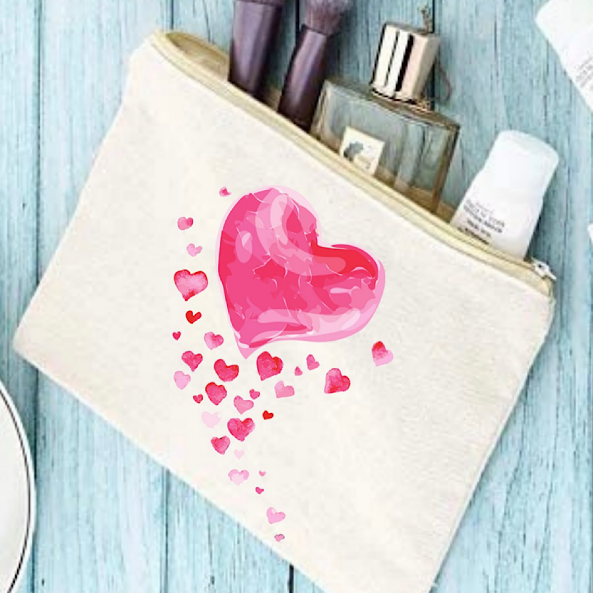 Pink Multi-Heart Cotton Canvas Makeup Bag