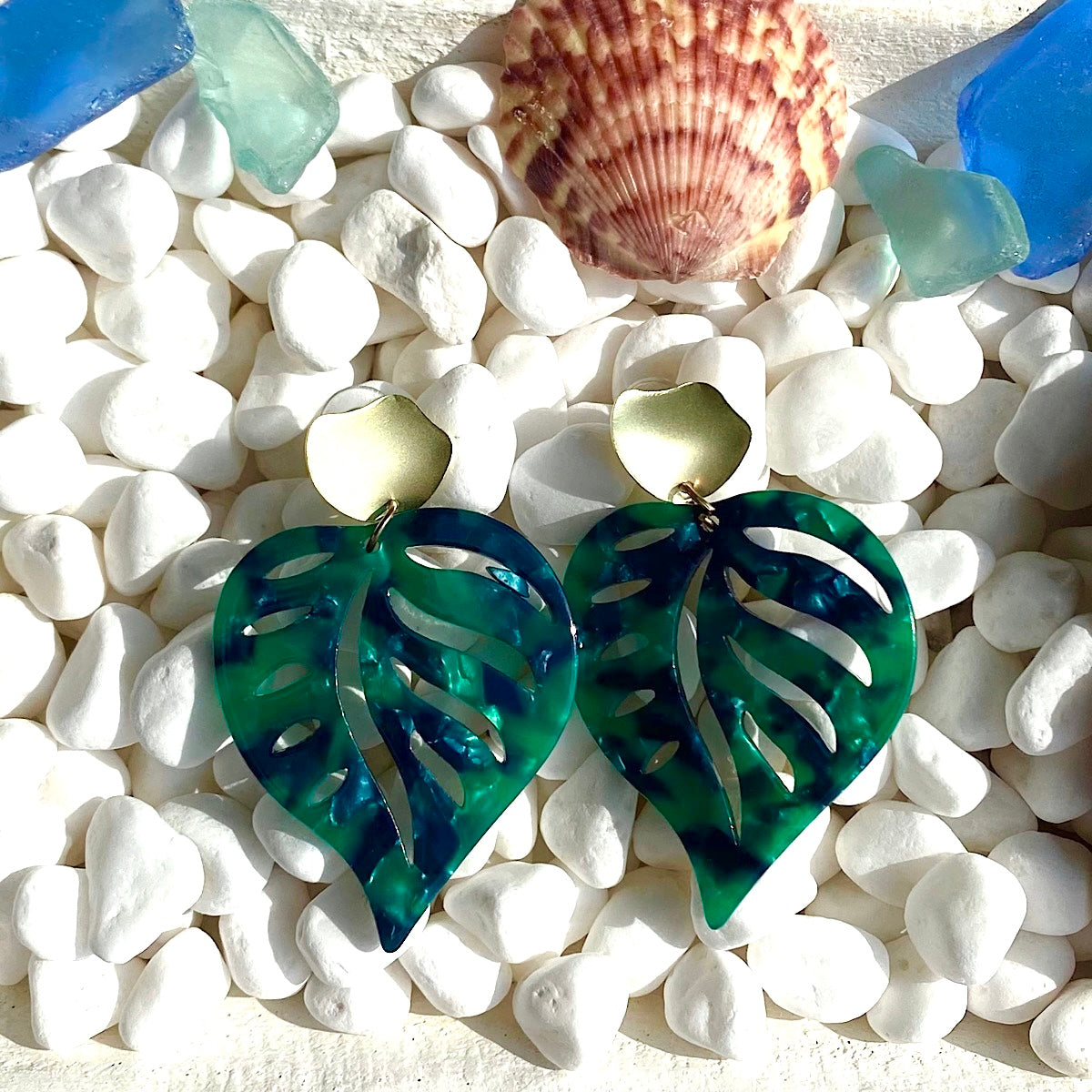 Acrylic Tropical Leaf Earrings - Teal