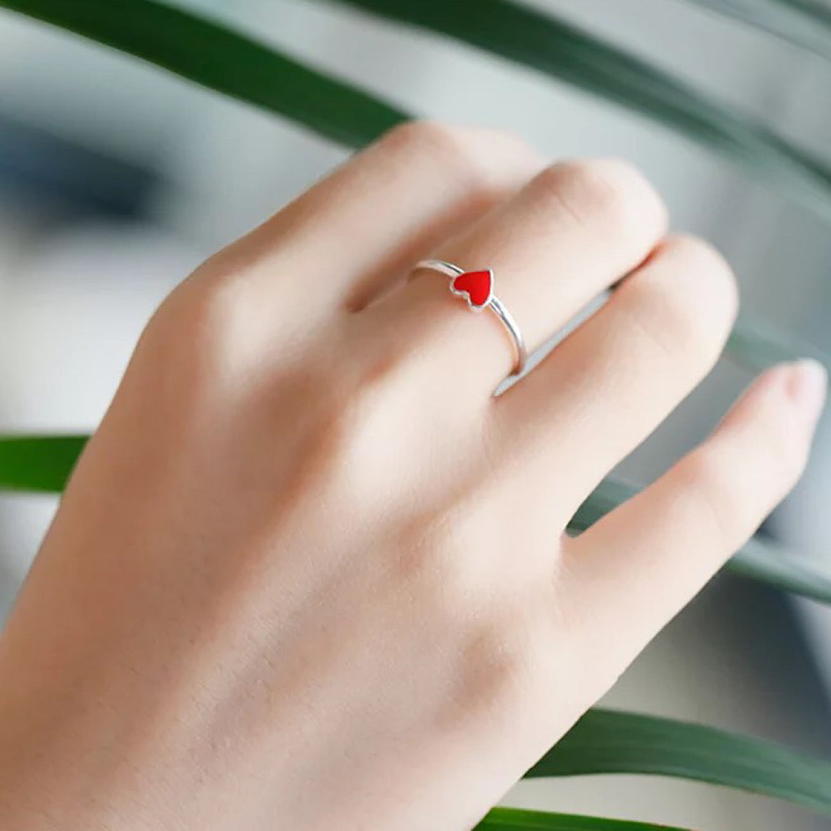 Red Heart Silver Plated Adjustable Ring