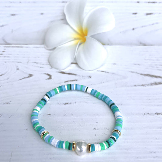 Green Swirl Heishi Bead & Pearl Bracelet