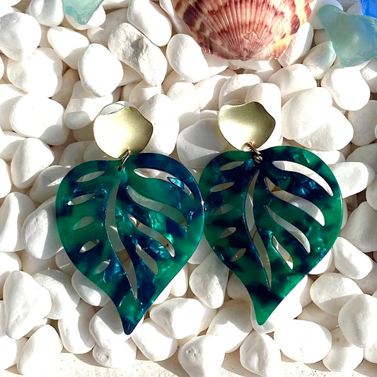 Acrylic Tropical Leaf Earrings - Teal