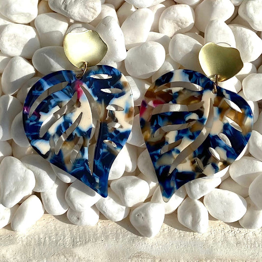 Acrylic Tropical Leaf Earrings - Navy