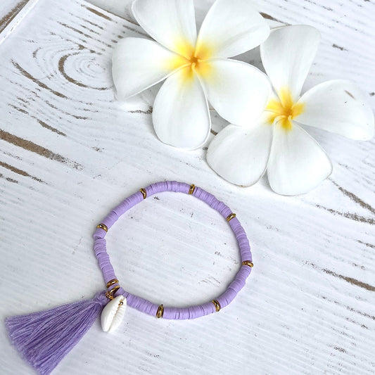 Heishi Bead w/ Tassel & Cowrie Shell Bracelet - Lavender